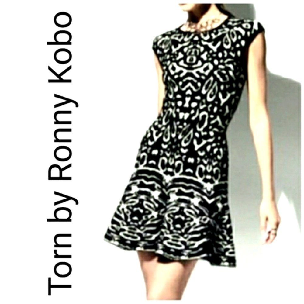 Torn by Ronny Kobo Blk/Wht Knit Skater Dress